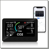 Многофункциональный Tuya Wi-Fi монитор качества воздуха 6 в 1 - HTI-0261-BT датчик (CO2)+влажность+температура+взвешенных частиц PM2.5, PM1.0+общих летучих органических соединений в комплекте с умной розеткой